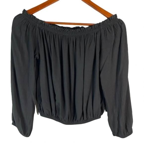 BRANDY MELVILLE Off The Shoulder Crop Peasant Top Black Elastic Waist Boho OS - Picture 2 of 10